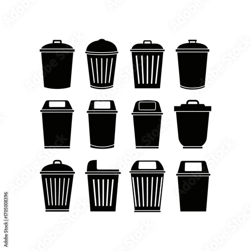 A collection of twelve black silhouette icons depicting various styles of trash cans, rubbish bins, and wastebaskets.