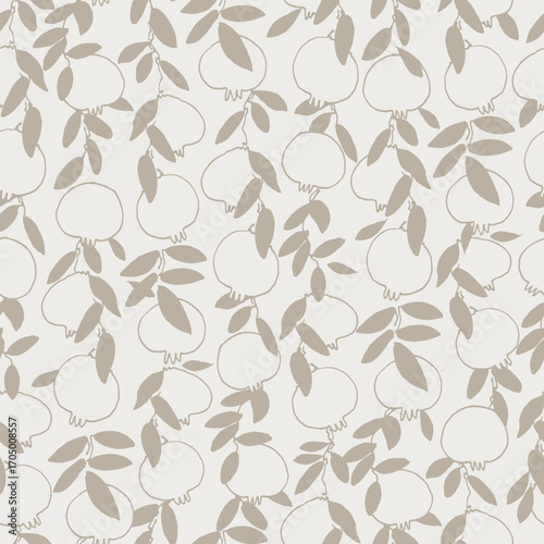 Seamless pattern. Pomegranate tree branches with fruit. Outlined vector illustration on light-colored background for surface design and other design projects Shana Tova