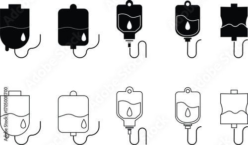 Drip Bag Icon set, Medical IV Bag, Infusion, Hospital Equipment, Patient Care, Blood Transfusion, Therapy, and Treatment Symbols in Modern Style, intravenous fluid drip bags in a medical healthcare