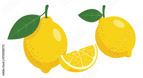 fresh lemons with green leaves and a slice