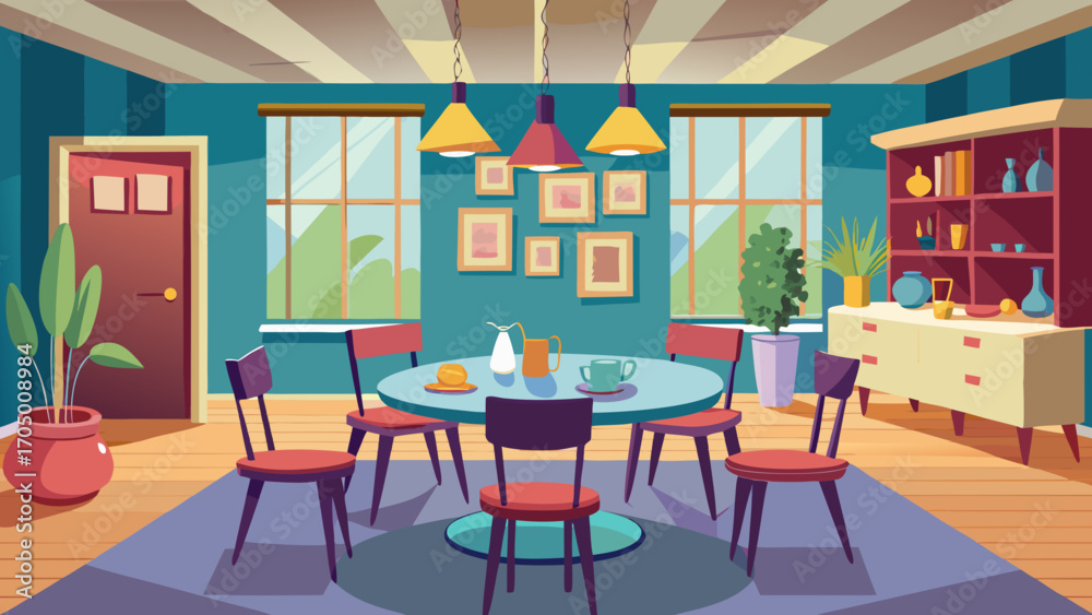 Obraz premium Cozy dining room with round table chairs and cabinet illustration