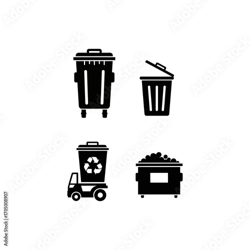 Collection of four black and white trash bin icons, showing different designs and uses.