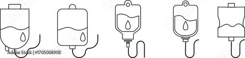 Drip Bag Icon set, Medical IV Bag, Infusion, Hospital Equipment, Patient Care, Blood Transfusion, Therapy, and Treatment Symbols in Modern Style, intravenous fluid drip bags in a medical healthcare