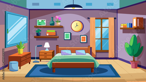 Cozy and colorful cartoon bedroom interior with a bed and window