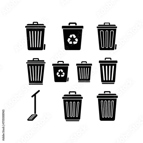 Collection of various trash cans and recycling bins, some with lids and wheels, and a scale.