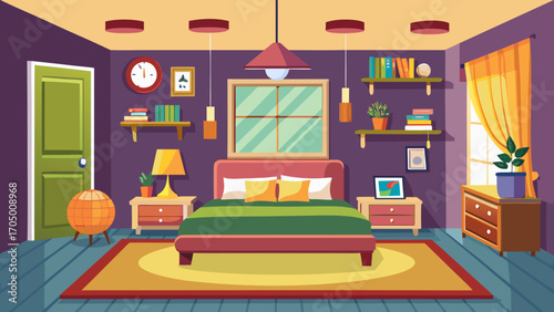 Cozy and colorful bedroom interior design illustration