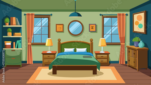 Cozy cartoon bedroom interior with bed and furniture