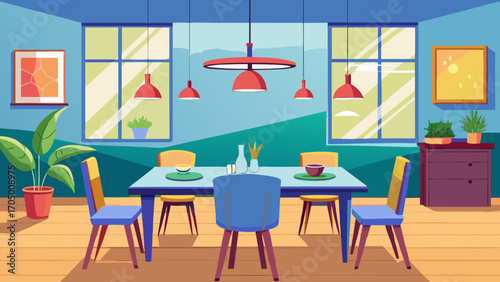 Modern dining room with table chairs and large windows