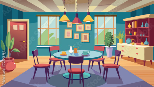 Cozy dining room with round table chairs and cabinet illustration