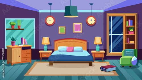 Cozy cartoon bedroom interior with bed nightstands and window