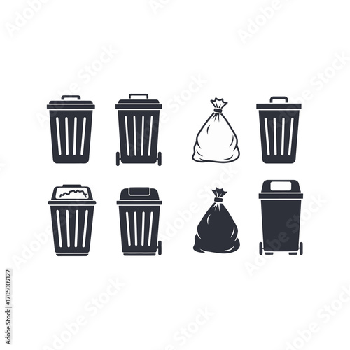 A collection of vector illustrations depicting various trash cans and garbage bags in a simple, graphic style.