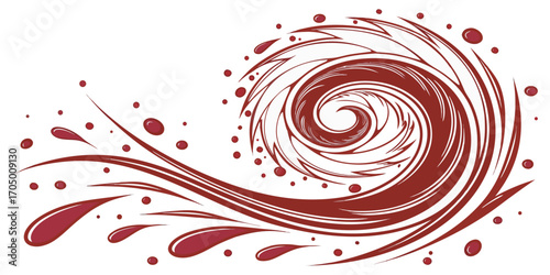 A swirling vortex of vibrant red paint splashes and droplets against a white background.  The paint forms a spiral, with thick, dynamic lines and numerous small, round droplets.  The color is a deep, 