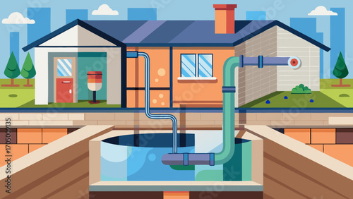 Illustration of a residential water well system with a house and underground tank