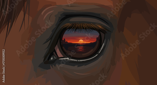 Serene sunset reflection in horse eye close-up