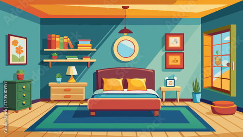 Cozy cartoon bedroom with a bed window and colorful decor