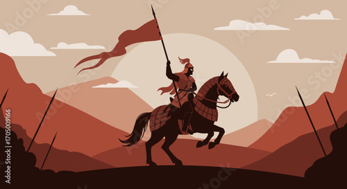 Medieval knight on horseback silhouette against mountain landscape at sunset