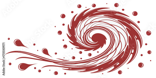 A swirling vortex of vibrant red paint splashes and droplets against a white background.  The paint forms a spiral, with thick, dynamic lines and numerous small, round droplets.  The color is a deep, 