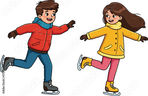 Happy children ice skating outdoors in winter season, boy and girl in colorful jackets enjoying fun activity, cold weather sport