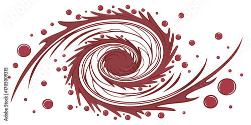 A swirling vortex of vibrant red paint splashes and droplets against a white background.  The paint forms a spiral, with thick, dynamic lines and numerous small, round droplets.  The color is a deep, 
