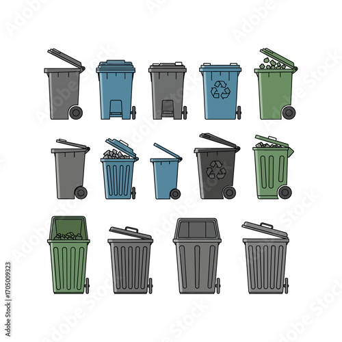 Collection of diverse wheelie bins, various colors and states, open and closed lids.