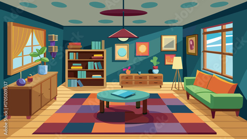 Cozy living room with modern furniture and colorful rug