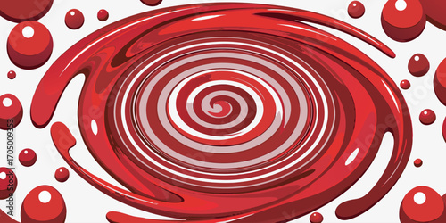 A swirling vortex of vibrant red paint splashes and droplets against a white background.  The paint forms a spiral, with thick, dynamic lines and numerous small, round droplets.  The color is a deep, 