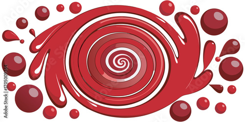 A swirling vortex of vibrant red paint splashes and droplets against a white background.  The paint forms a spiral, with thick, dynamic lines and numerous small, round droplets.  The color is a deep, 
