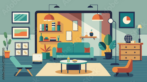 Modern living room interior with sofa chairs and plants