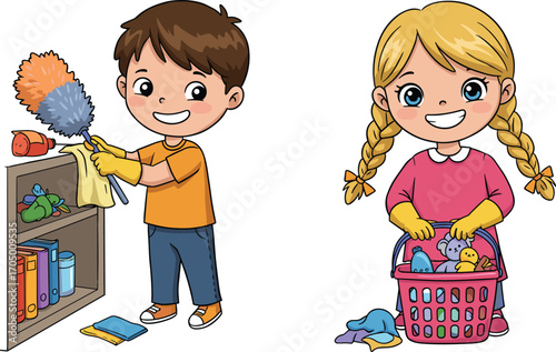 Happy children cleaning house, cartoon boy dusting bookshelf, girl organizing toys, kids doing chores, home cleanliness, teamwork, household activity, playful vector illustration