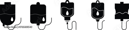 Drip Bag Icon set, Medical IV Bag, Infusion, Hospital Equipment, Patient Care, Blood Transfusion, Therapy, and Treatment Symbols in Modern Style, intravenous fluid drip bags in a medical healthcare