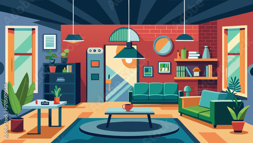 Modern living room interior with colorful furniture and plants