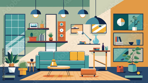 Modern living room interior with teal sofa and yellow accents