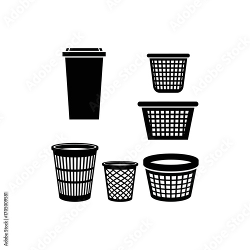 A set of black silhouette icons showcasing different styles of waste bins, trash cans, and laundry baskets.