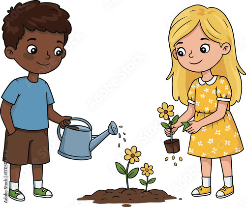 Cartoon children gardening, boy watering flowers, girl planting seedlings, outdoor activity illustration, eco friendly lifestyle, kids helping nature, green environment vector
