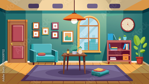 Cozy living room interior with armchair and bookshelf