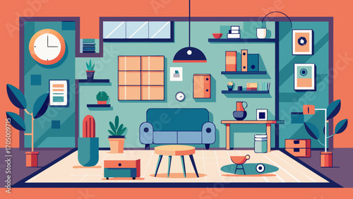 Modern flat design living room interior with sofa and plants