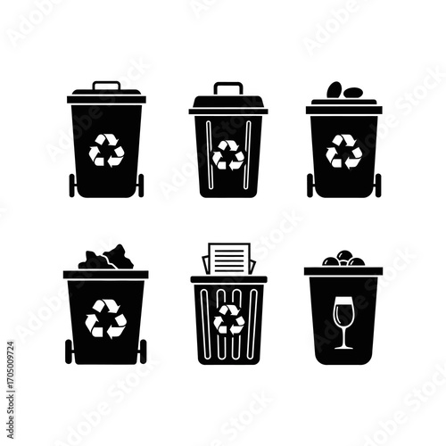 Six black and white recycling bins, each with different contents, illustrating various types of waste.