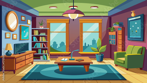 Cozy cartoon living room with large windows and city view