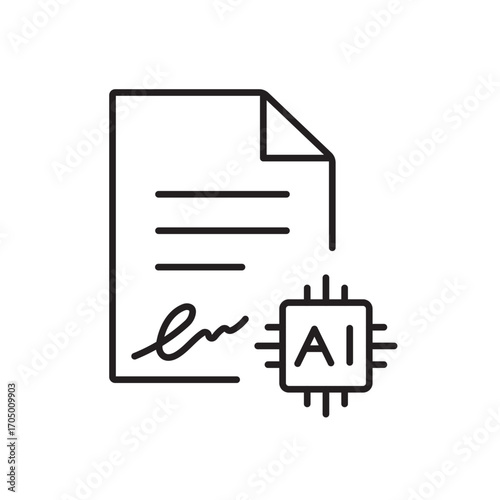 A vector icon of a digital signature with an AI chip, representing AI-assisted e-signatures, created in line style with editable stroke
