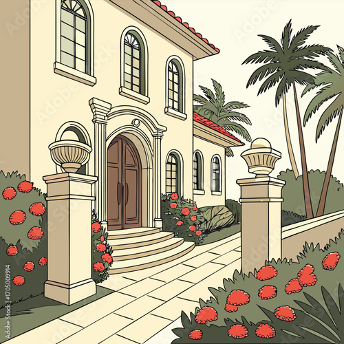 Grand villa entrance with palm trees and red flowers