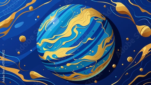 Abstract blue planet with golden swirling patterns and cosmic elements