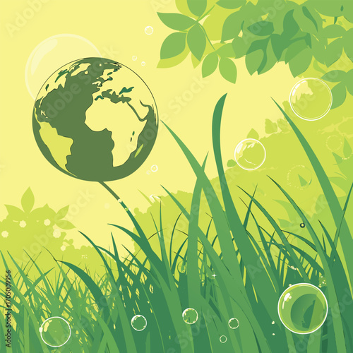 Green earth globe floats amidst lush grass and bubbles in a bright yellow environment