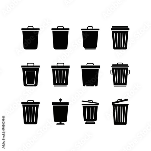 A collection of twelve distinct black silhouette icons representing various types of trash cans and waste receptacles, displayed against a plain white background.