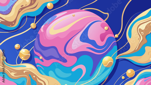 Abstract swirling planet with golden orbs and waves on blue background
