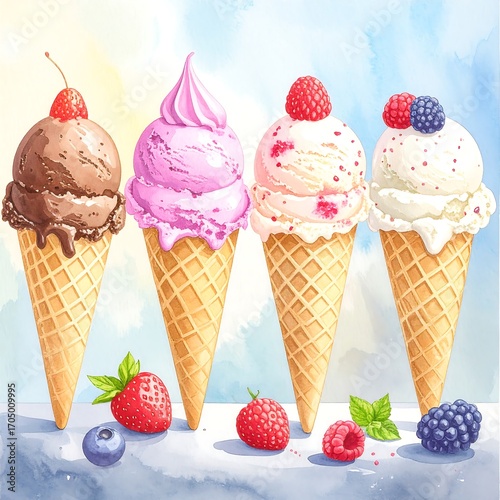 Four ice cream cones with various flavors (1)