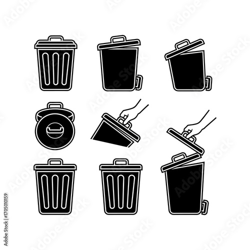 A graphic set of nine black icons with white outlines depicting a garbage bin from multiple angles and a hand opening the lid.