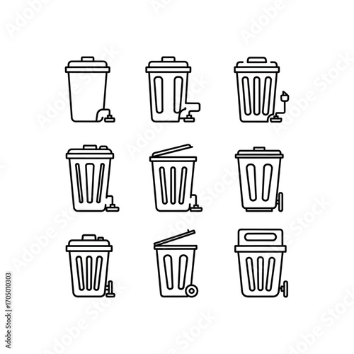 A collection of various outlined trash cans, showing different styles and designs, all isolated on white.