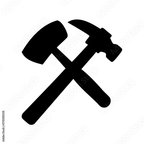 Two hammers crossed, one claw hammer and one sledge hammer in silhouette