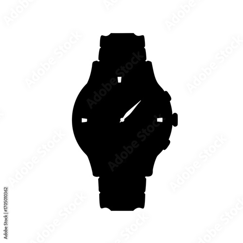 Black silhouette image depicts a classic wristwatch with elegant design elements