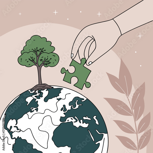 Hand Placing Puzzle Piece on Earth with Tree planet